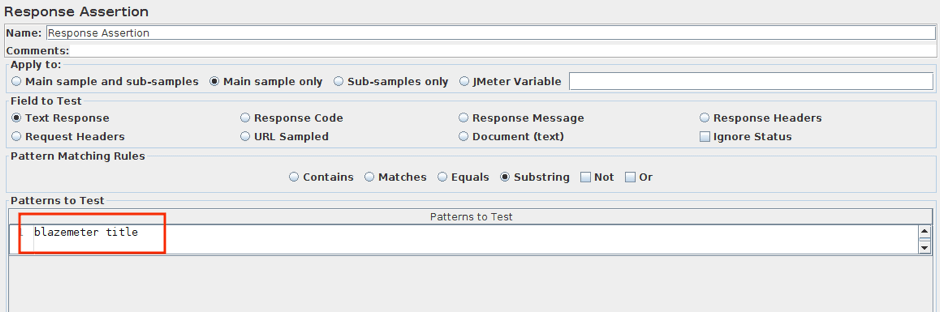 Changing response assertion to 'blazemeter title'