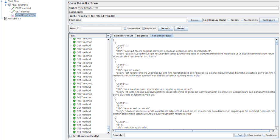 Posts received by the GET method of REST API testing.