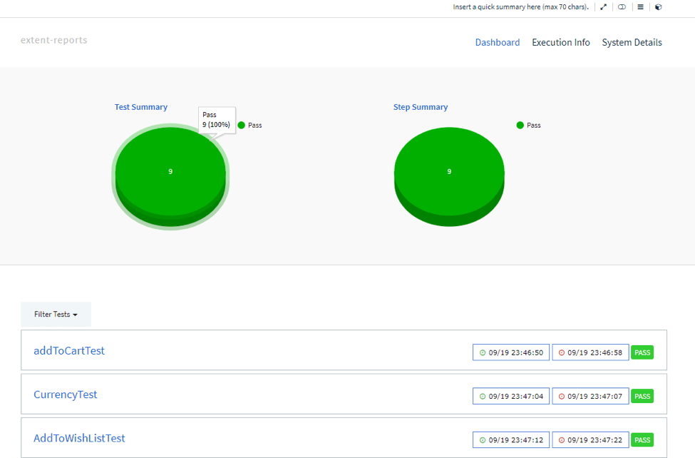 dashboard tab of selenium ui test results