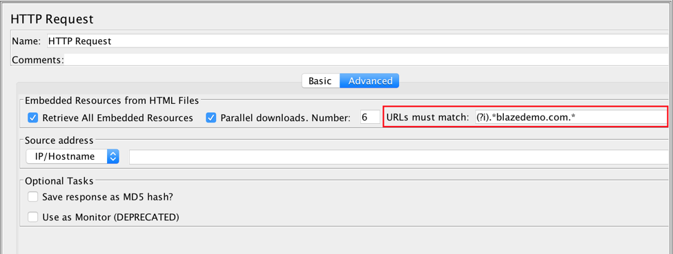 we should configure JMeter to execute calls to resources that live only in the “blazedemo.com” domain. Which resources will be considered is controllable via the “URLs must match” input of the HTTP Request sampler.