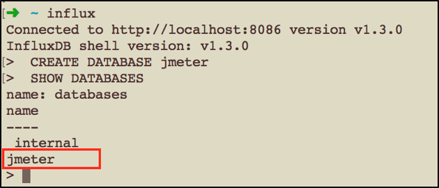 A screenshot of creating a JMeter database in InfluxDB.