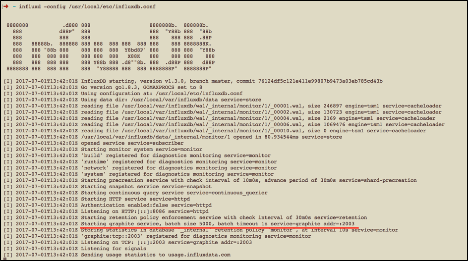 A screenshot of InfluxDB startup.