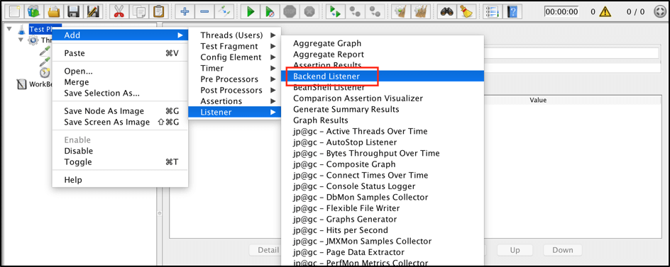 A screenshot of the JMeter backend listener.