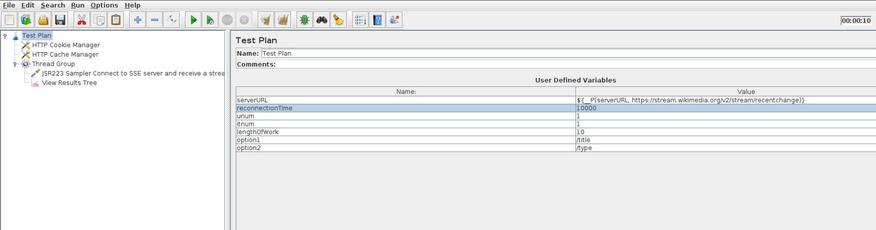 Defined variables in load testing SSE with JMeter