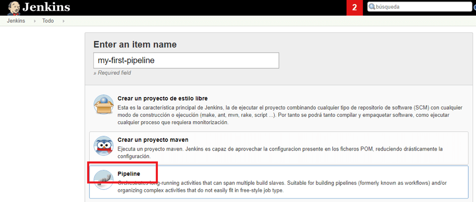 Selecting "pipeline" in Jenkins