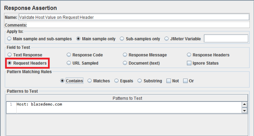 jmeter response assertion, request headers