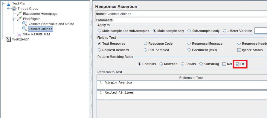 jmeter response assertion, or option