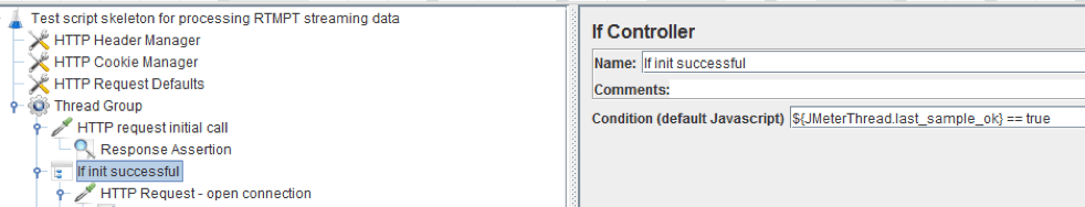 JMeter, Add the ’If Controller’ to the script. Evaluate the last sampler result variable in the condition string.