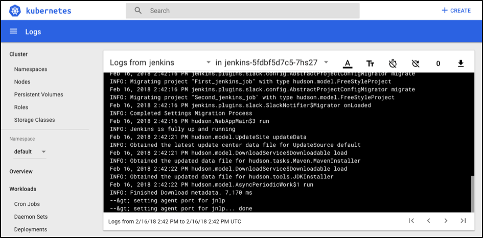 Master Jenkins logs in kubernetes