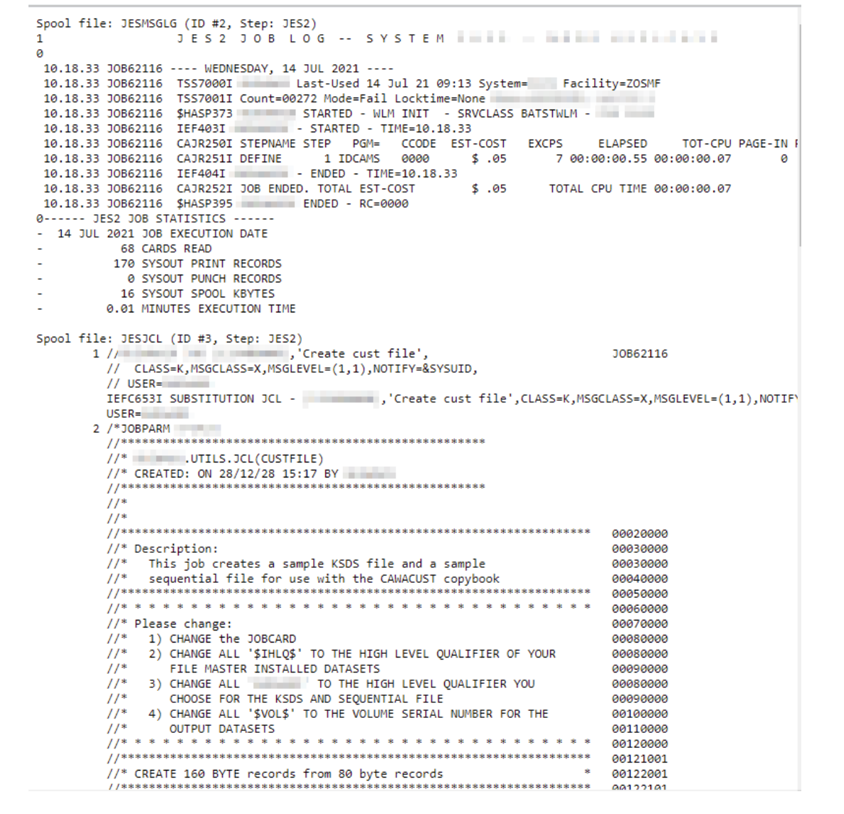 A screenshot of the Zowe mainframe spool content.