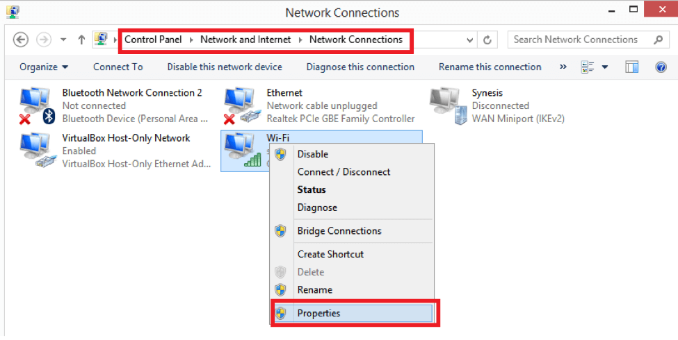 Windows network properties