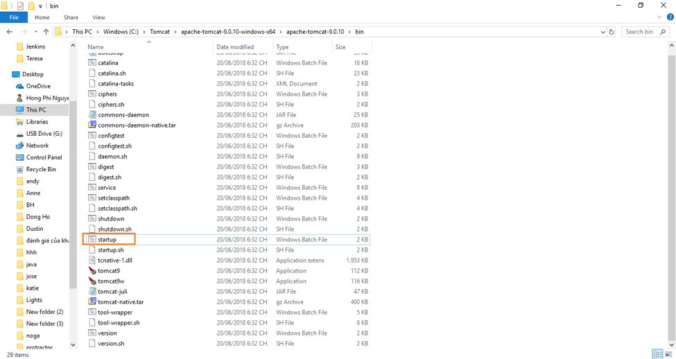 A screenshot of how to get to startup for Tomcat in a Windows directory.